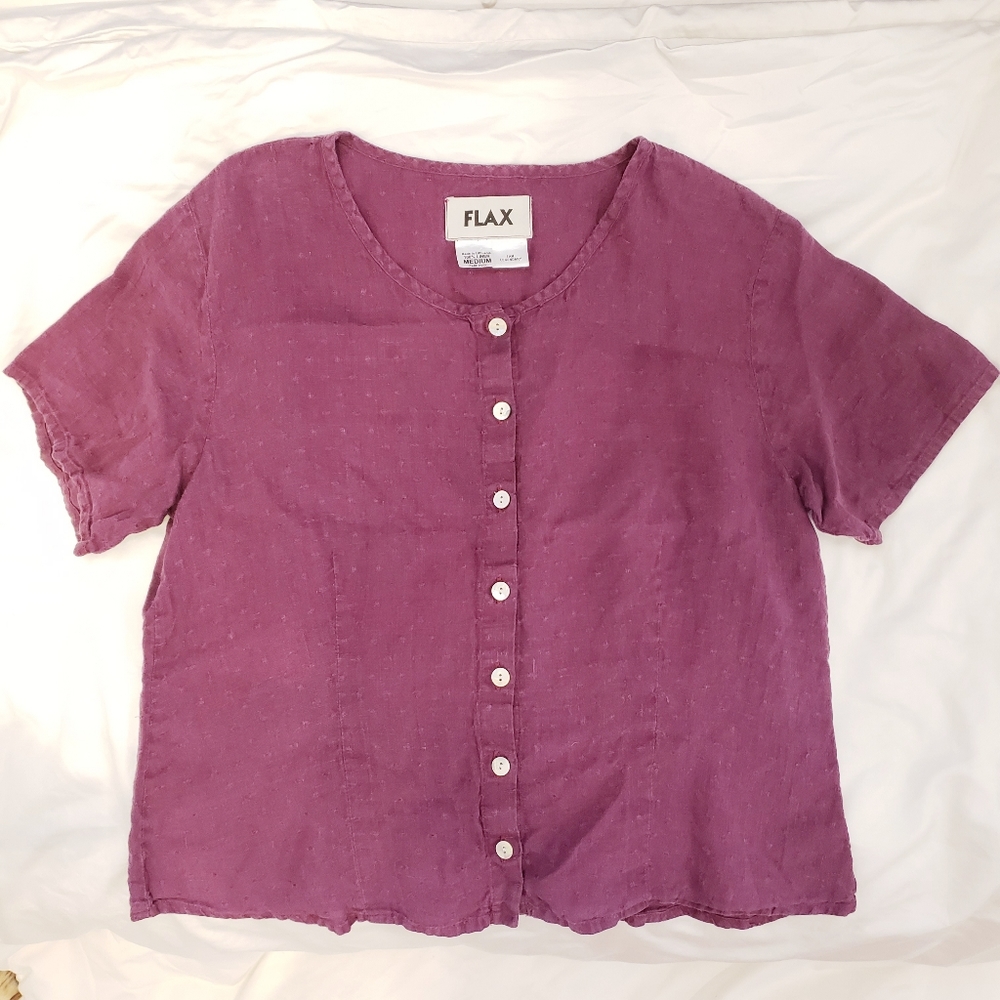 Flax button-front short sleeve linen blouse